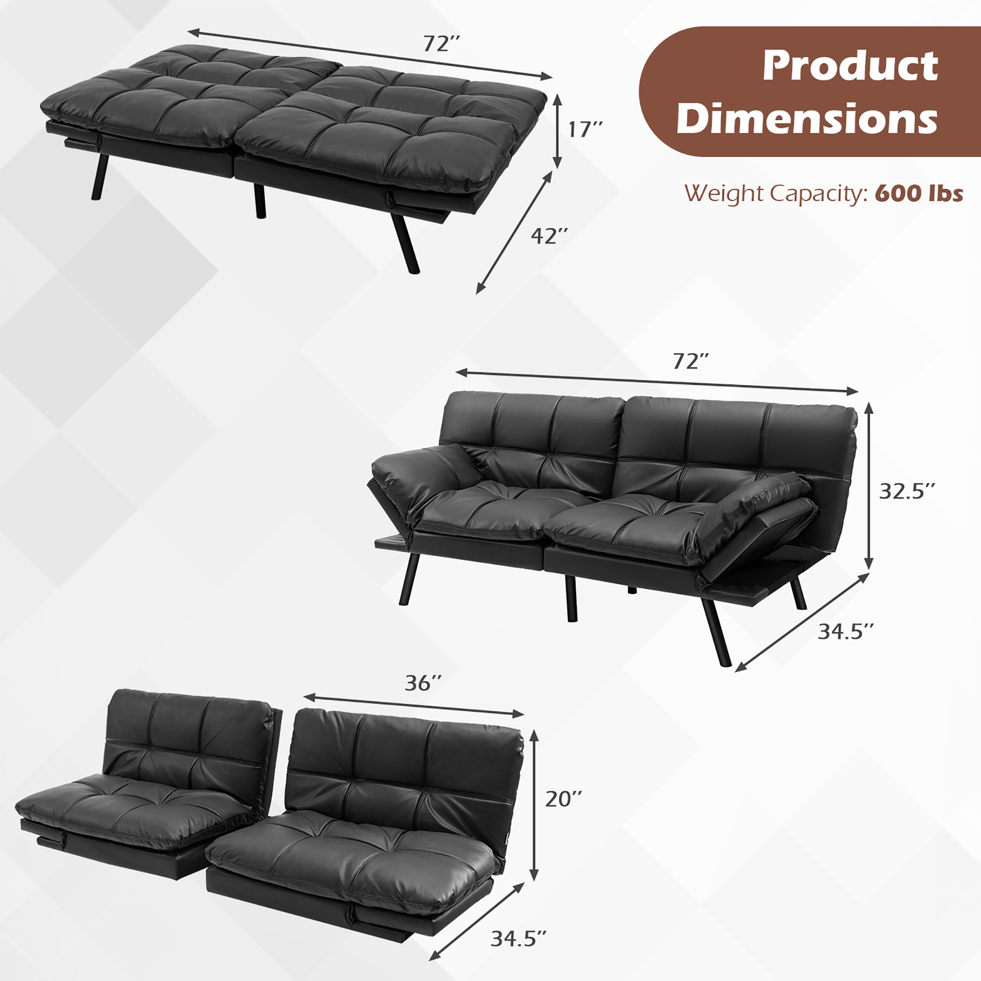Costway Convertible Futon Sofa Bed Memory Foam Couch Sleeper with
